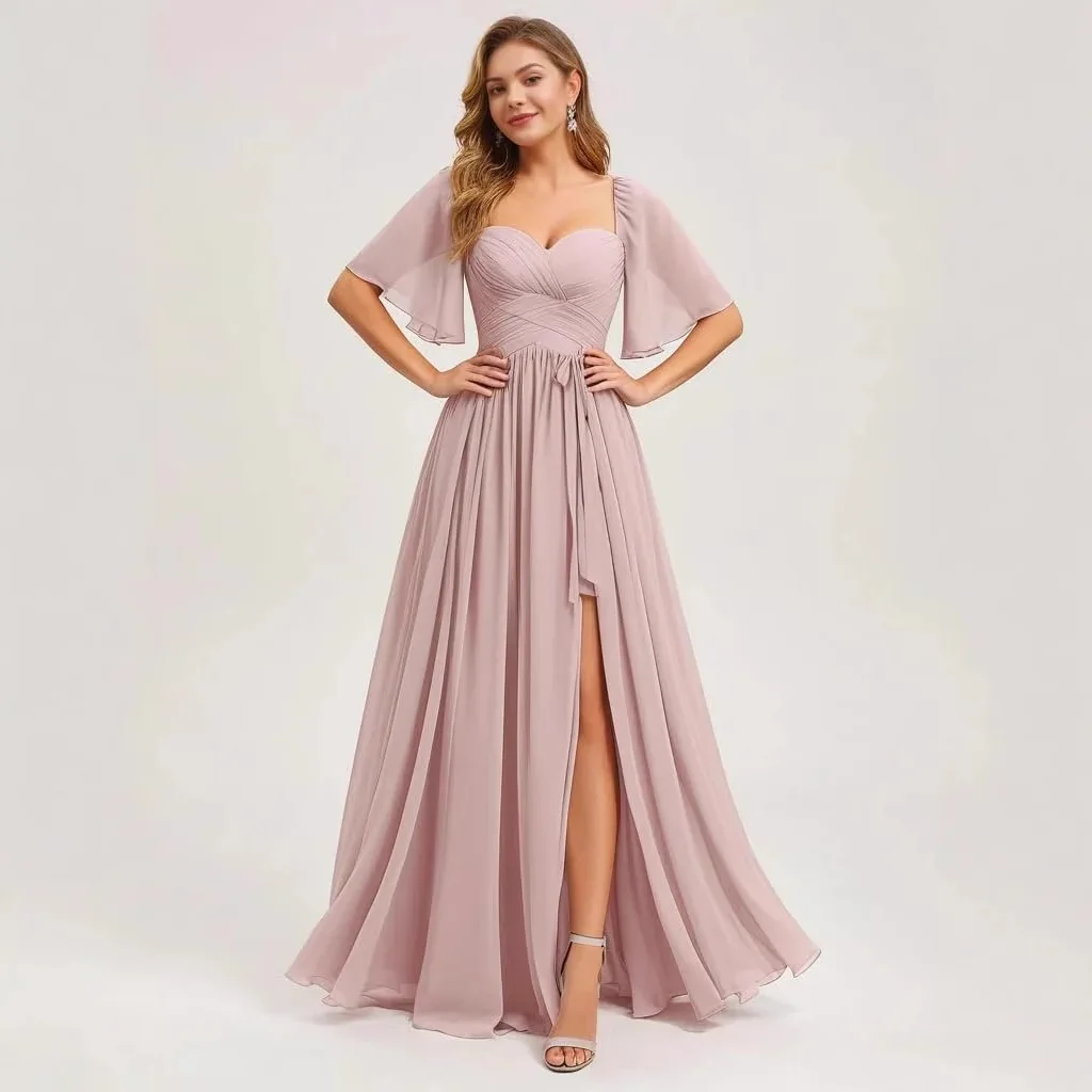 

Customized Lace Up Bridesmaid Evening Dresses Women A Line Chiffon Pleated Wedding Party Gowns Elegant Slit Maxi Prom Dresses