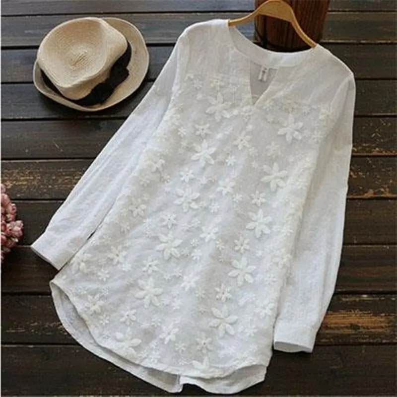 

Loose Women's Long Sve Lace Embroidery Cotton Linen irt Breathable Comfortable Fem Top Faionable Casual Busin