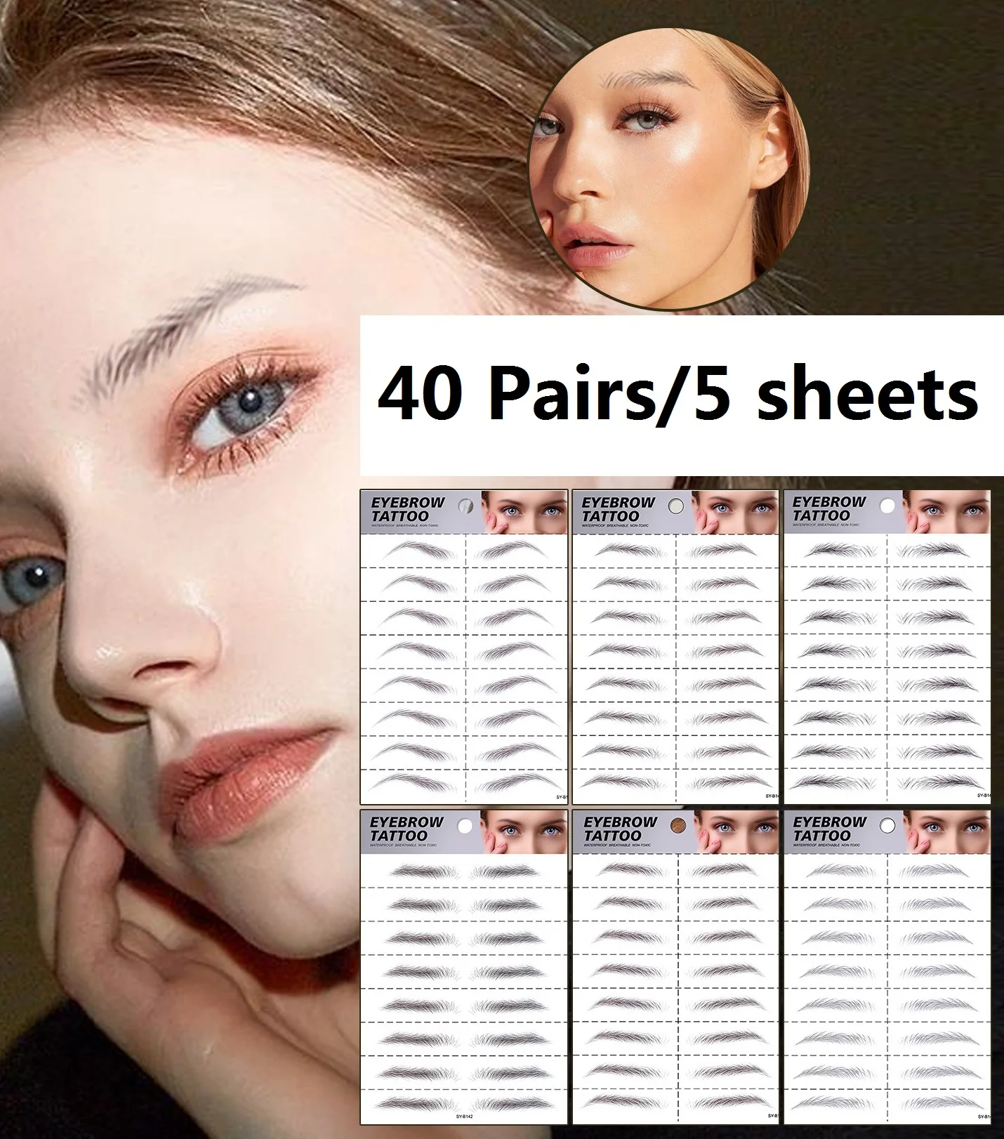 40pair/5sets Hair-liked Eyebrow Tattoo Sticker 6D Hair Simulated Eye Brows Brown Multi Shape Easy Makeup Long Lasting Waterproof