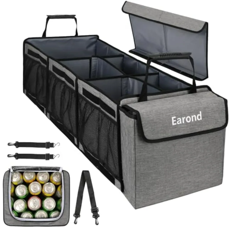 

Collapsible Trunk Organizer with Insulated Leakproof Cooler Bag Removable Lid Adjustable Securing Straps 3 Compartments Trunk O