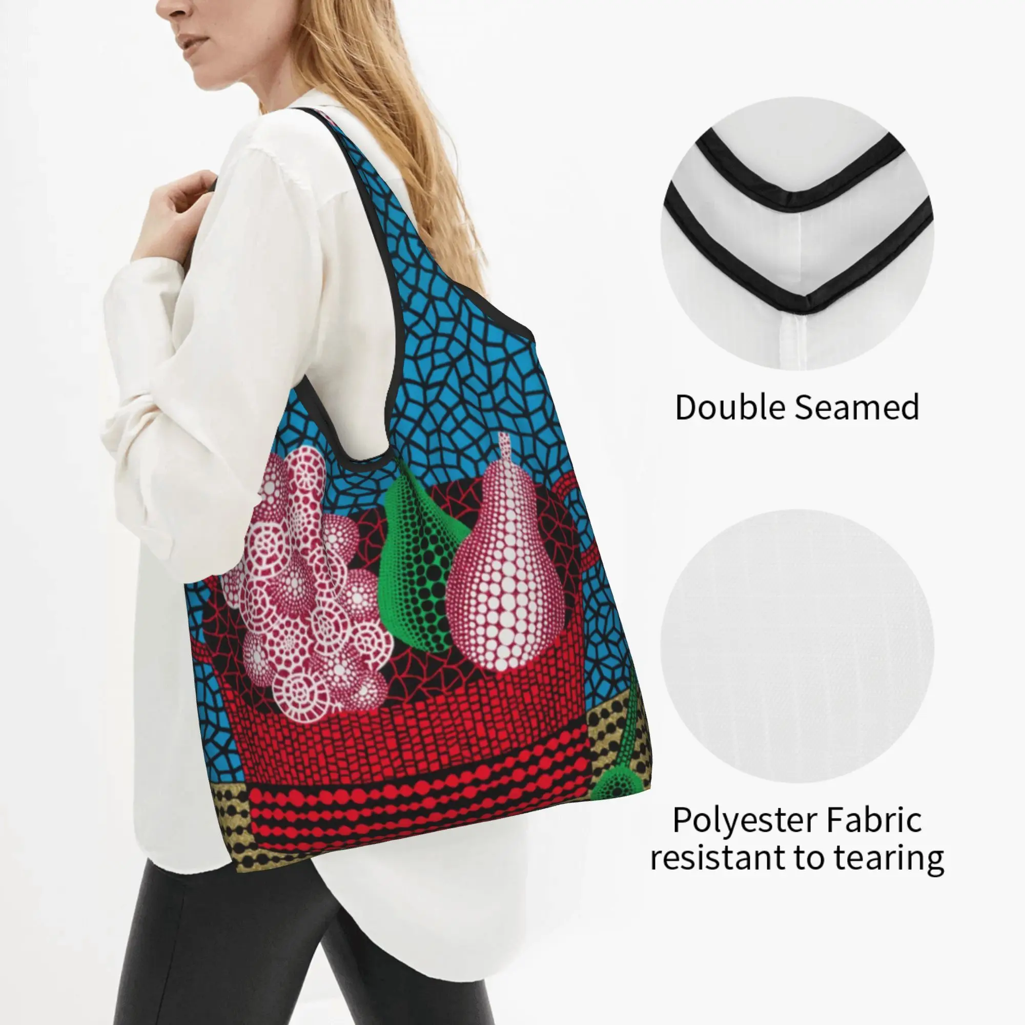 Custom Yayoi Kusama Abstract Art Fruits Shopping Bag Women Portable Large Capacity Groceries  Tote Shopper Bags