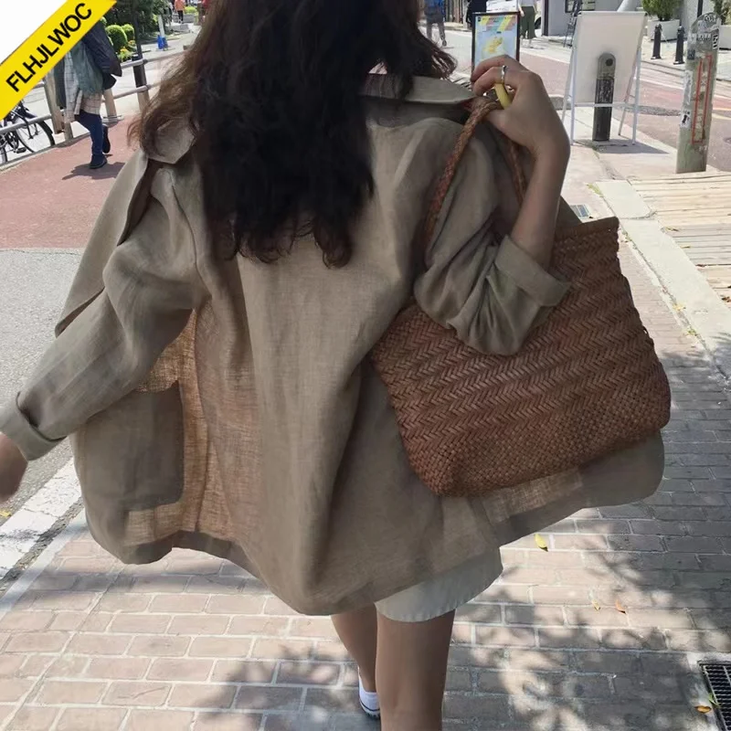 Chic diseño coreano estilo coreano calle alta algodón ropa de abrigo de lino mujeres lindo Oficina señora botón chaquetas con muescas abrigo Blazer