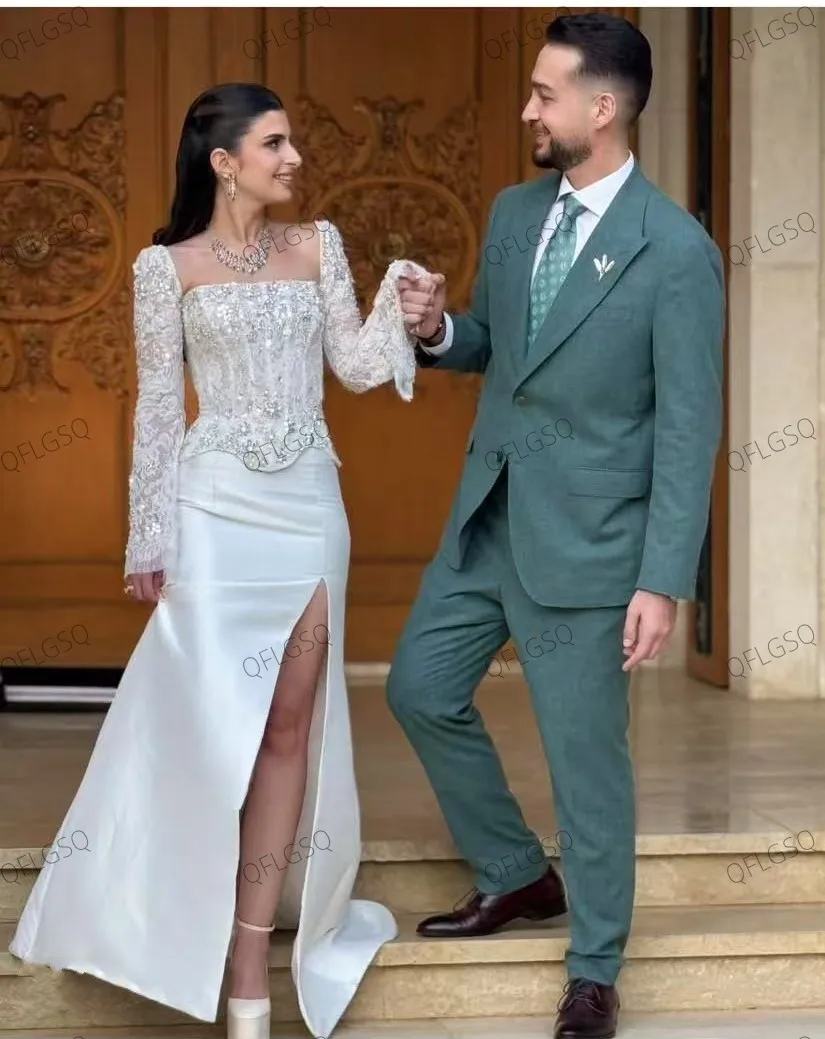 Couture Mrermaid Bridal Dress Beaded Embellishment Split Square Neck Applique Prom Gowns Full Sleeves 2 Pieces Long Party Dress