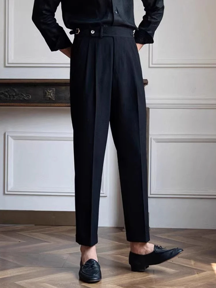 Classic Men's Solid Color High Waist Pants Spring Autumn Fashionable Pleated Slim Straight Trousers For Men Office Casual Pants