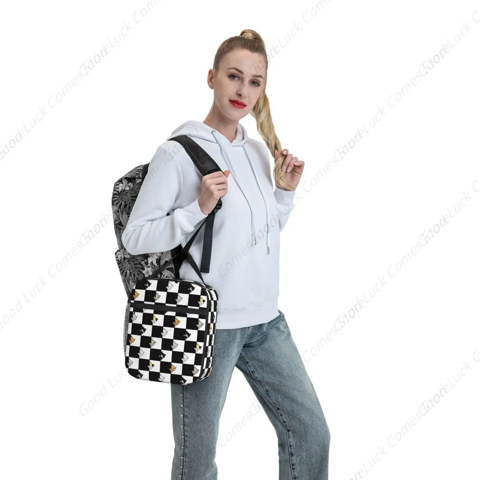 Black And White Checkered Cat Insulated Lunch Bag,Kids Lunch Box For Girls Boys Teen,Kid Lunch Box Cooler Bag With Front Pocket