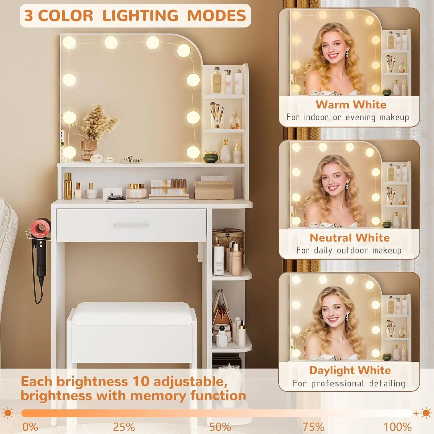 White Makeup Vanity Desk for Girls in Small Spaces, Compact with 3 - Color Lights view 2