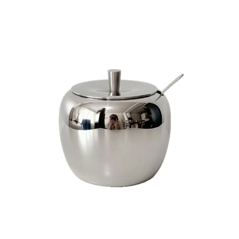 Apple-shaped Stainless Steel Seasoning Jar with Lid European-style Seasoning Salt Jar Storage Decorative Bowl in Kitchen