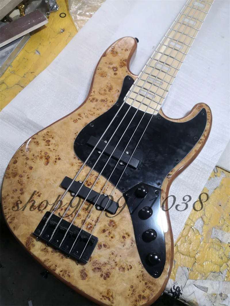 Natural Bass,5 Strings Bass guitar,Burl Maple top ,maple neck,black Pickguard,Active Battery,Black Tuners