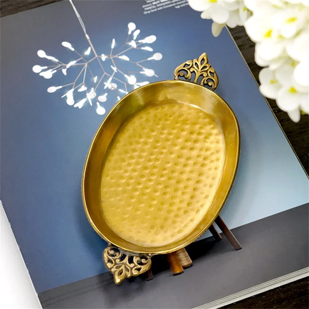 American Imported Handmade Storage Plate Vintage Hammer Brass Hollow Handle Coffee Table Fruit Plate Storage Jewelry