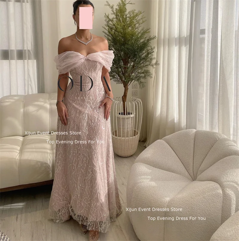 Xijun Elegant Evening Dresses Off The Shoulder Prom Dresses Sequins Beads Lace Floor Length Saudi Pleated Formal Party Dresses