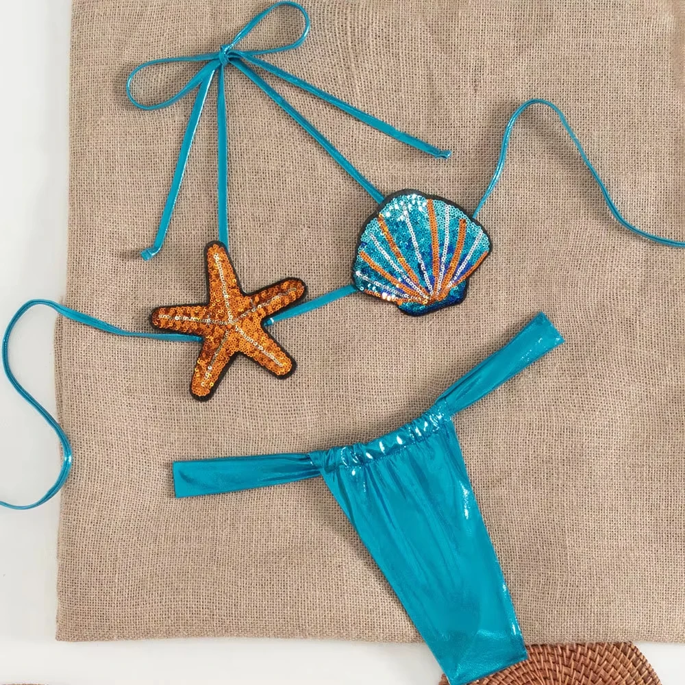 Shiny Sequin Shell Starfish Bikini Set Women Sexy Push Up Pleate Thong Swimsuit Brazilian Beach Bathing Suit Micro Swimwear