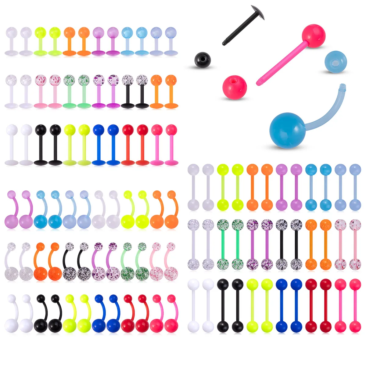 36PCS Flexible Acrylic Piercing Set Tongue Rings Barbell Labret Lip Studs Belly Button Rings 14G Mixed Color Body Jewelry