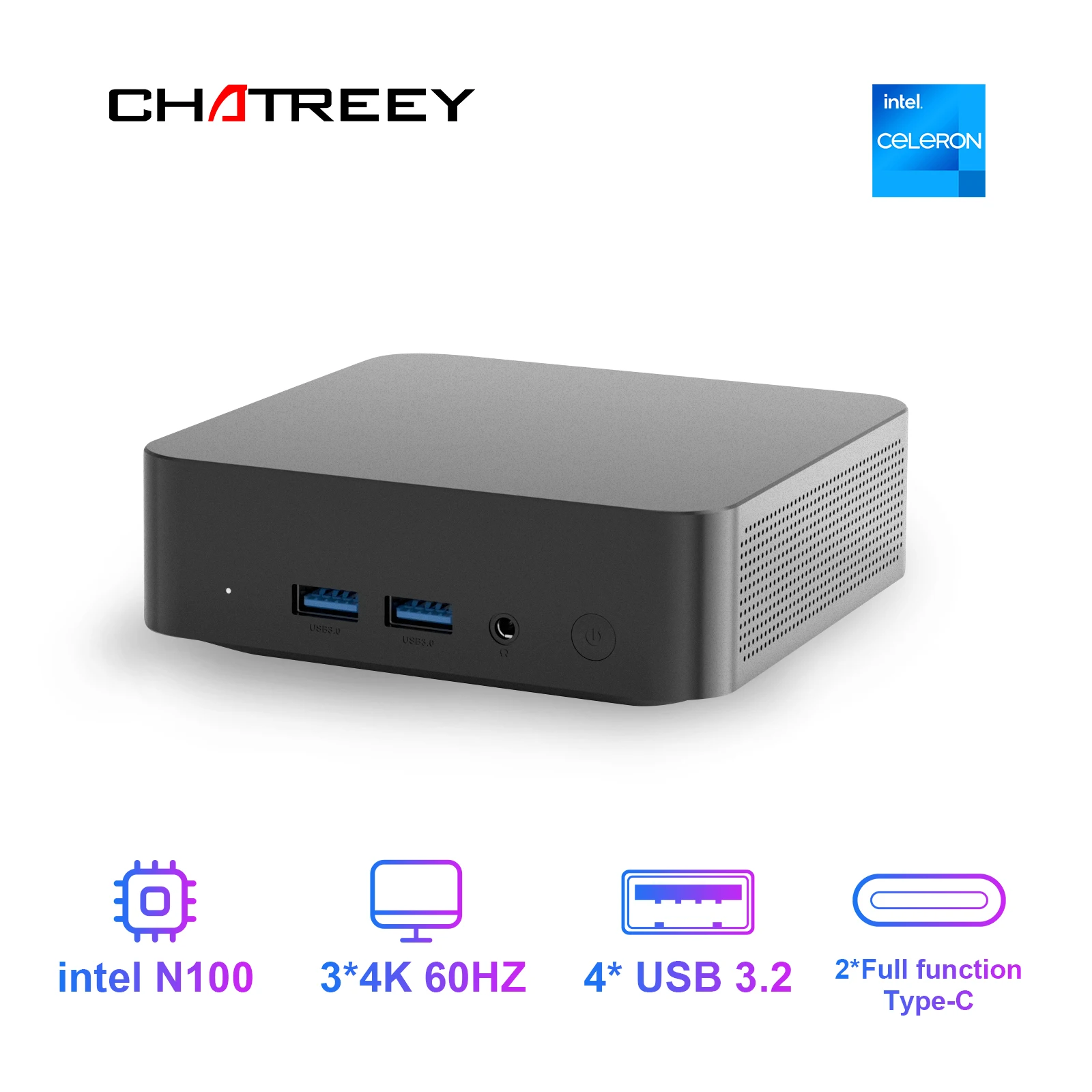 Chatreey كمبيوتر صغير T9 N100/N200 WIFI5 Windows 11 كمبيوتر جيب صغير جدًا مزدوج SSD وظيفة كاملة من النوع C 4K 60 هرتز RGB مخرج