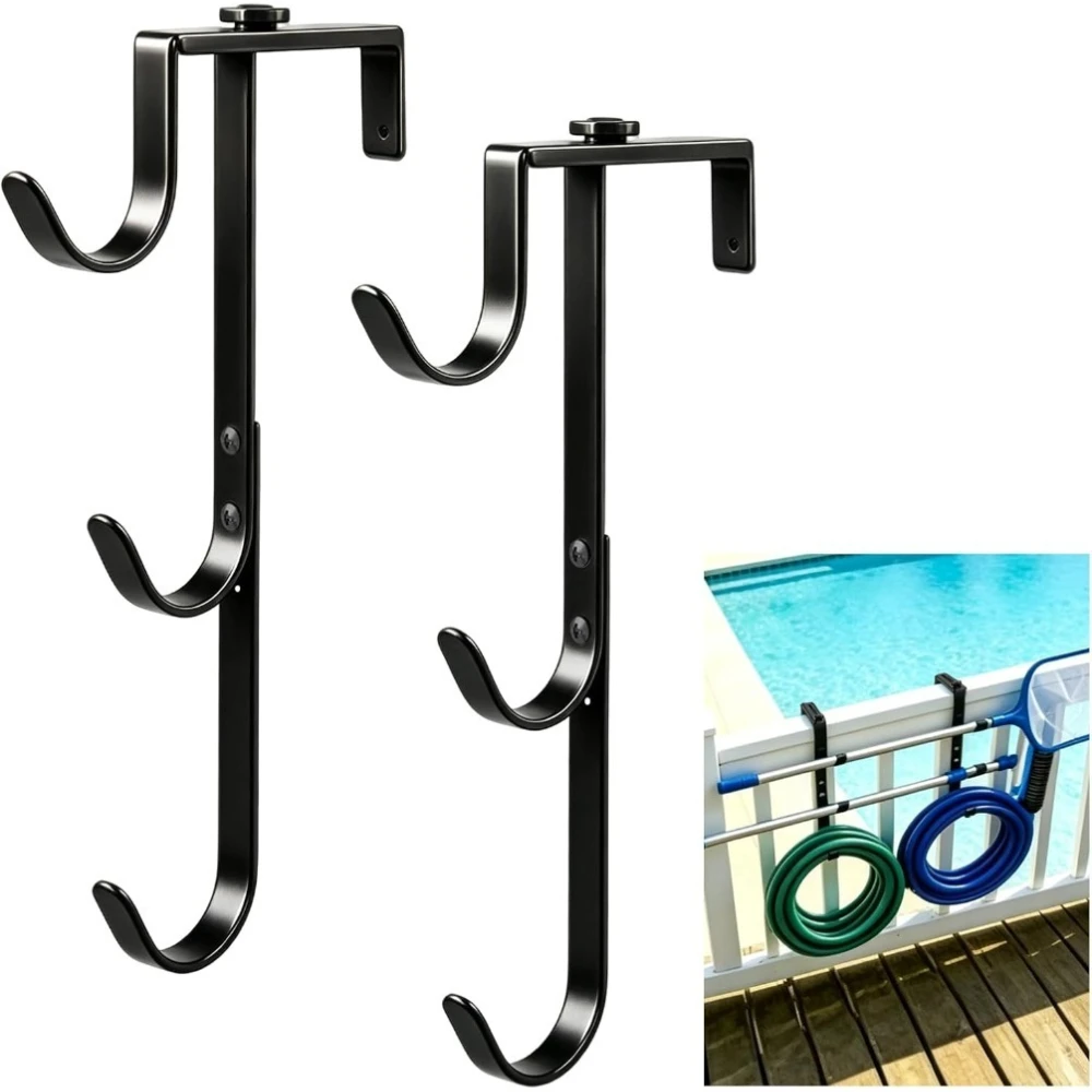 2 Pack 3-Tier Adjustable Heavy Duty Pool Pole Hanger Holder Rustproof Pool Fence Hooks for Pool Garden Tool Organizer