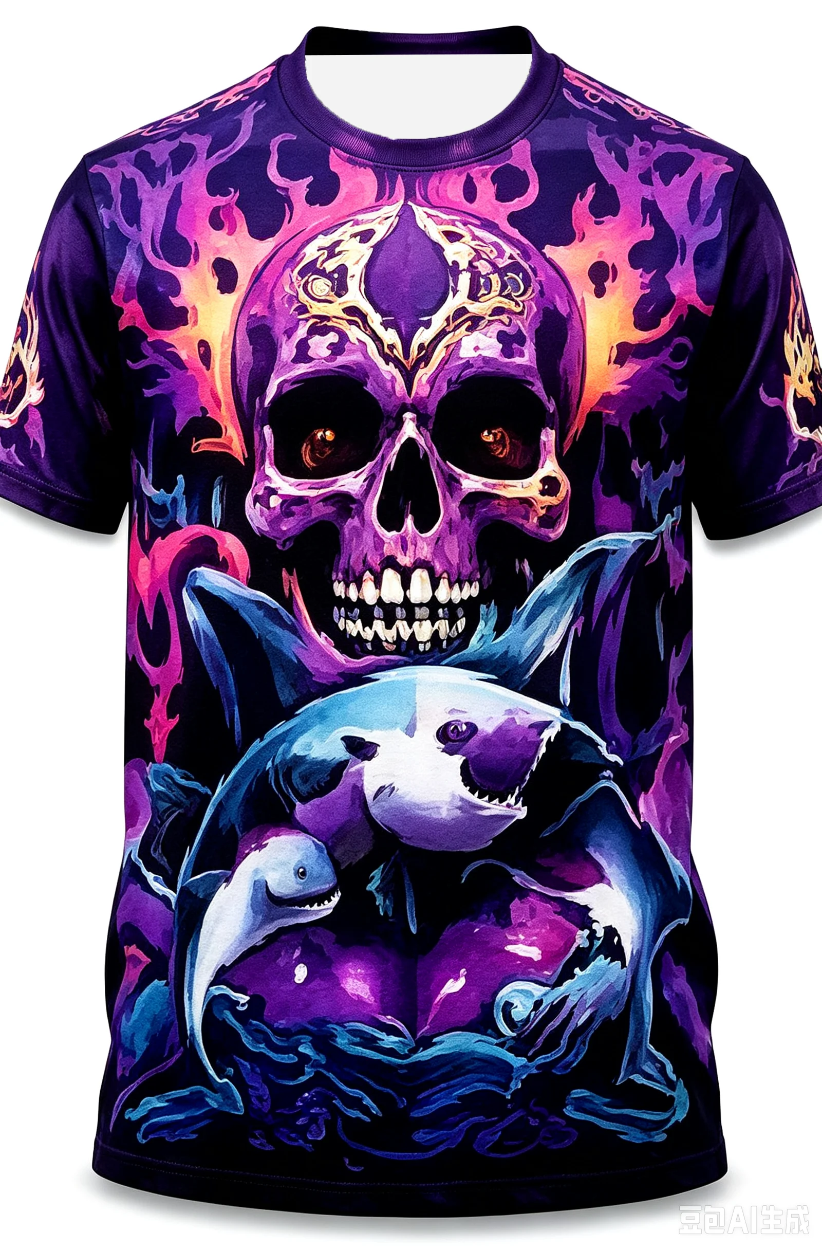 PARENT-CHILD STYLE PURPLE FLAME SKULL SHARK SHORT-SLEEVED SHIRT VIBRANT PURPLE TONE UNIQUE OUTDOOR CASUAL CREW NECK TOP