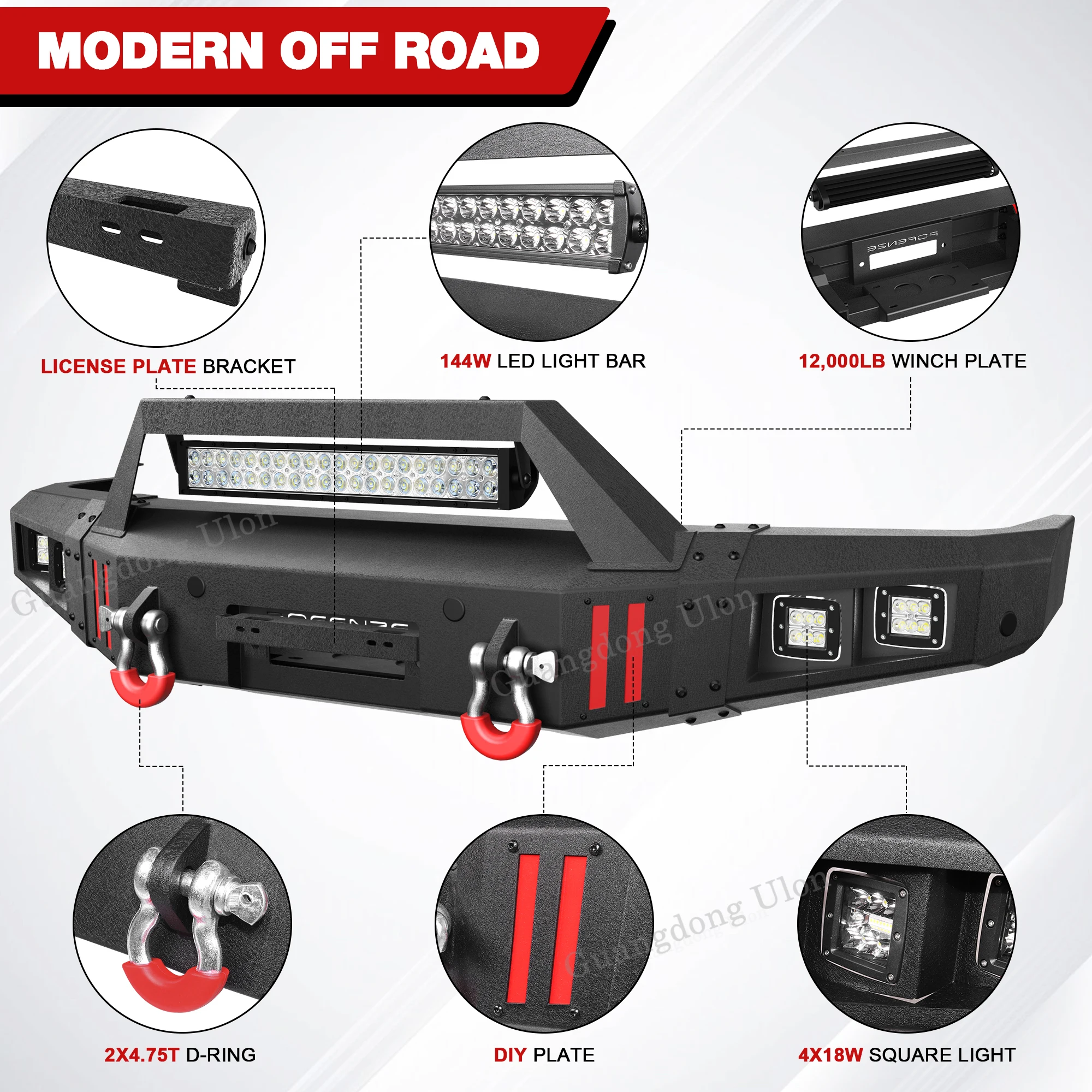 ULON Factory Price Front Bumper Fit Land Rover Discovery 2 1999-2004 Built-in LED Lights, Winch Plate, 2 Inch Hitch Receiver