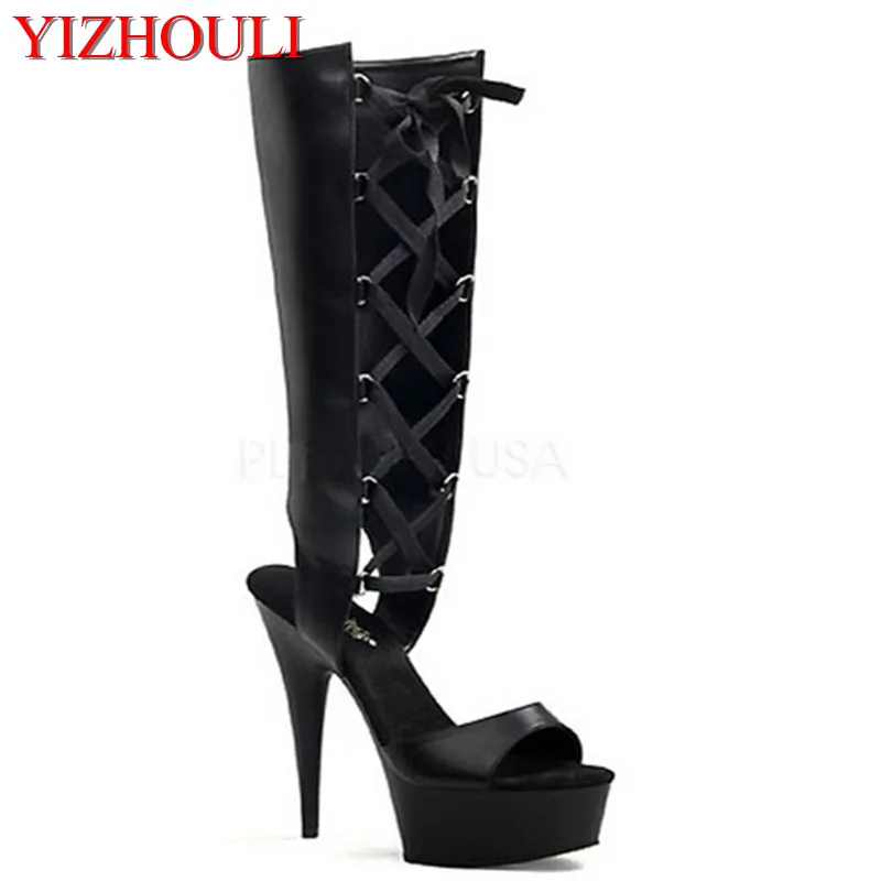 

Sexy mid-tube boots with 15 cm heels, 6 inch summer knee-length boots for an open-toed woman with cross-lacing dance shoes