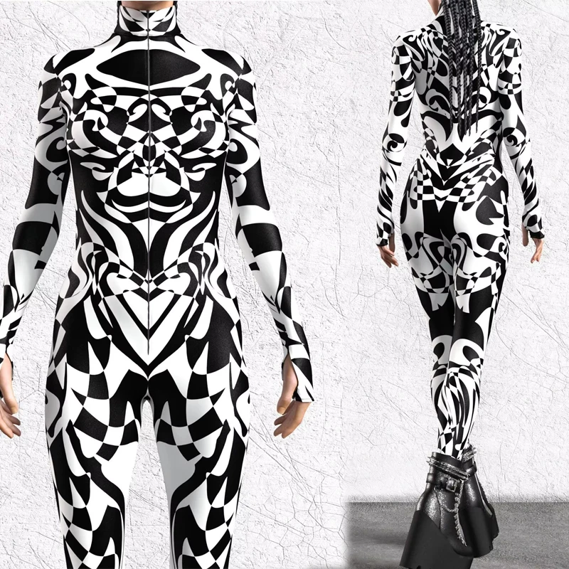 

Simplicity Black White Art Jumpsuit Holiday Party Cosplay Costume New Year Xmas Shows Women Bodysuit Performance Zentai