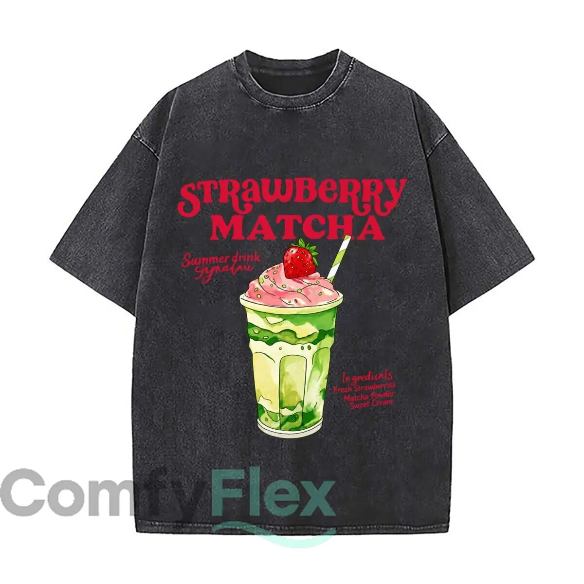 Strawberry Matcha Summer Drink Signature Ingredients Fresh Matcha Powder Sweet Cream Washed Distressed Loose Streetwear Tops