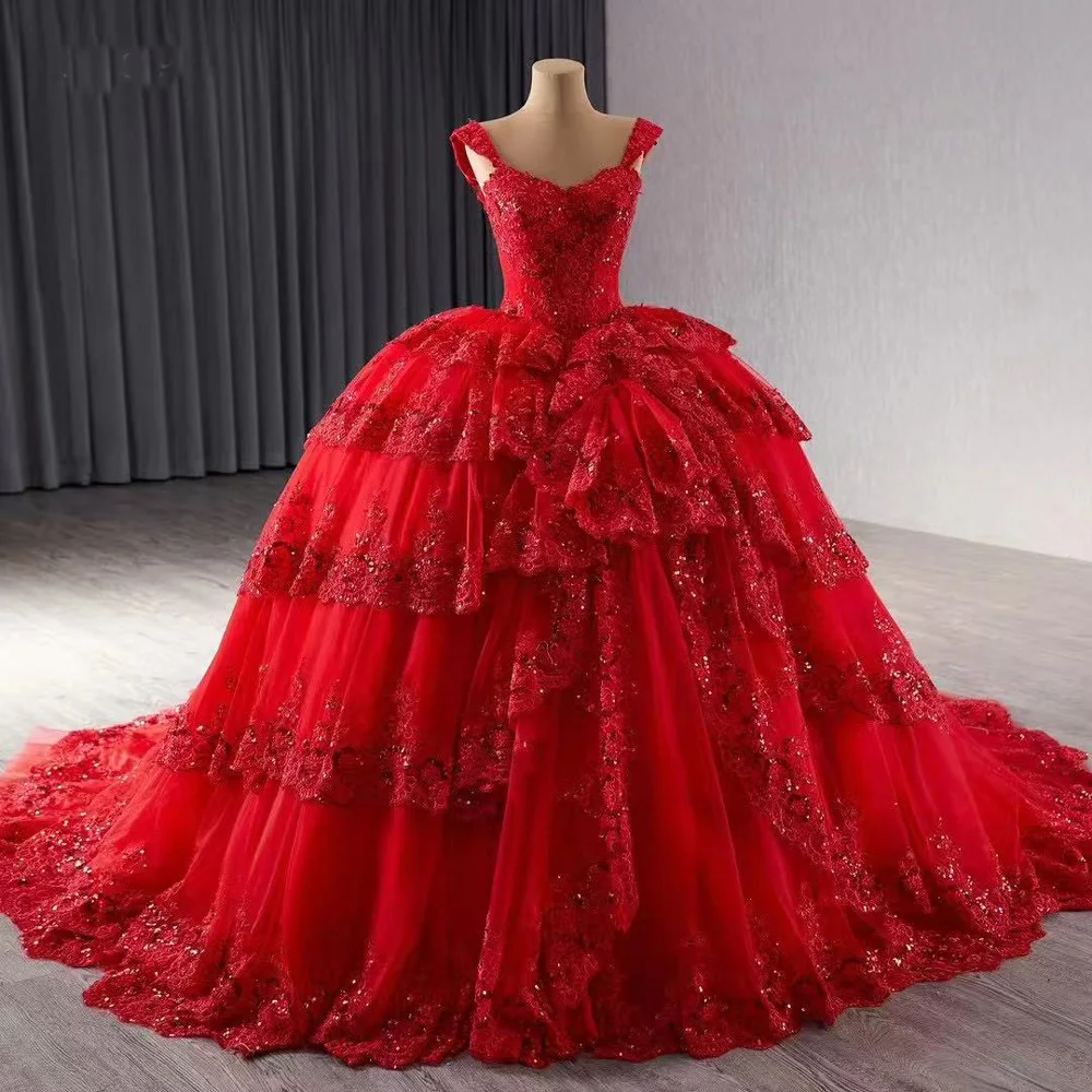 

Vestidos Quinceañeras Estilo Princesa с открытыми плечами Милое кружево с бисером на шнуровке сзади Красное длинное платье для особых случаев