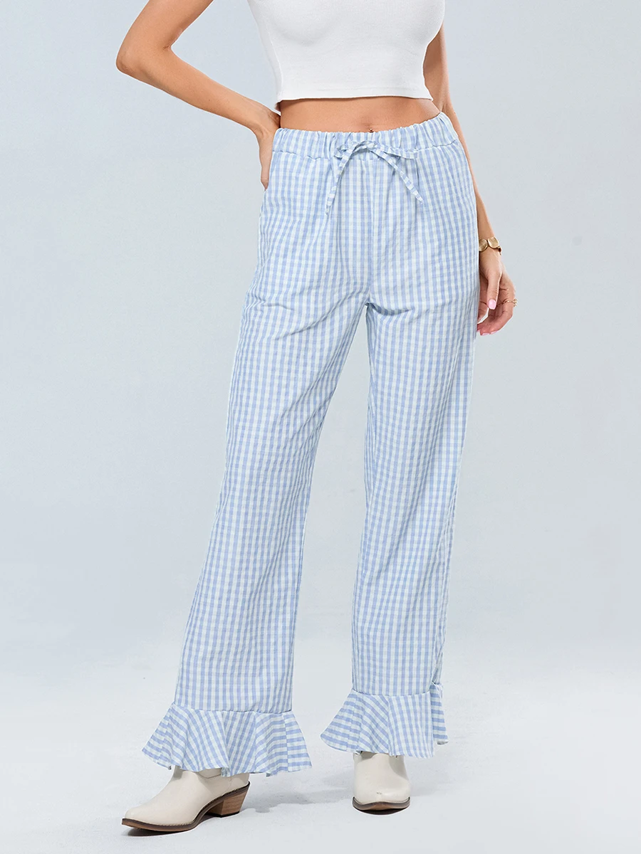 wsevypo Women's Plaids Ruffled Hem Flare Pants Fall Fashion Drawstring Elastic High Waist Frill Cuffs Bell-Bottom Trousers