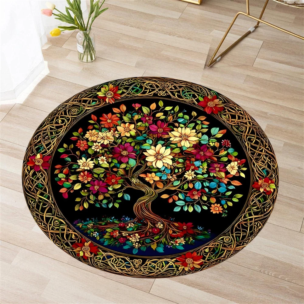 Colorful Celtic Tree Of Life Floral print Circle Rug,living room,study,entryway indoor decor Washable Rug souvenir