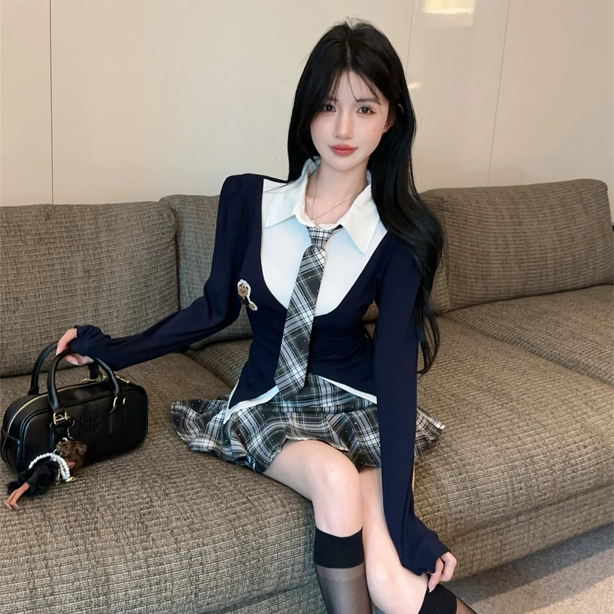 Spicy School orm JK Outfit Gonna a vita alta con cravatta lunga Sve irt Autumn Faion Set per giovani donne