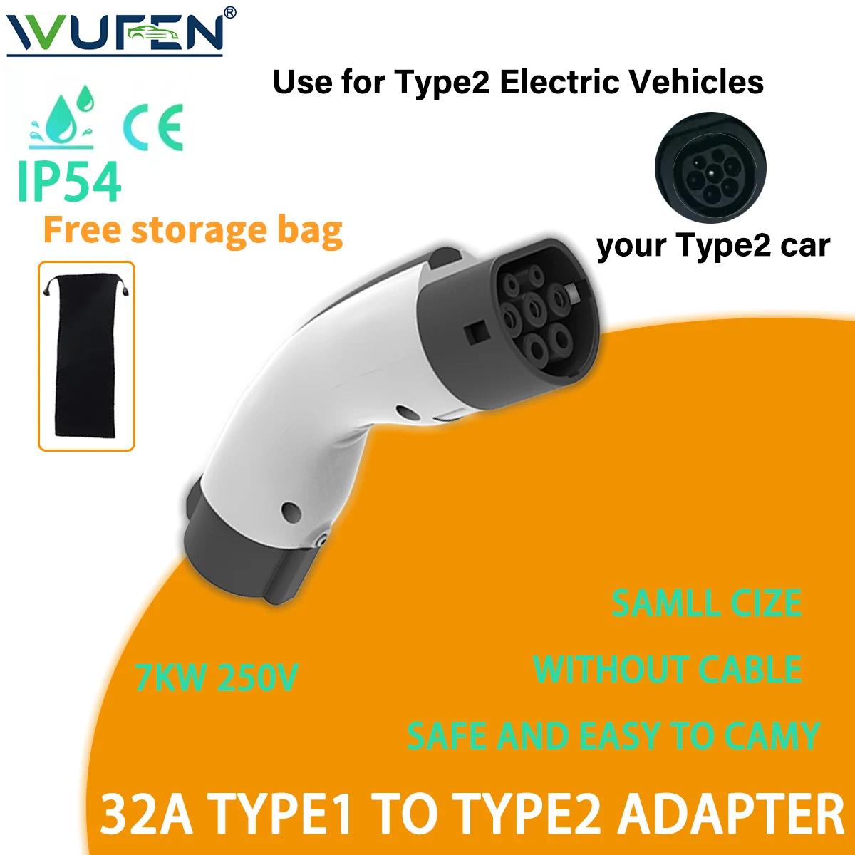 

WUFEN 32A 7KW Адаптер зарядного устройства для электромобилей от Type1 до Type2 32A Разъем для зарядного устройства для электромобилей SAE J1772 Разъем типа 1 для электромобилей типа 2