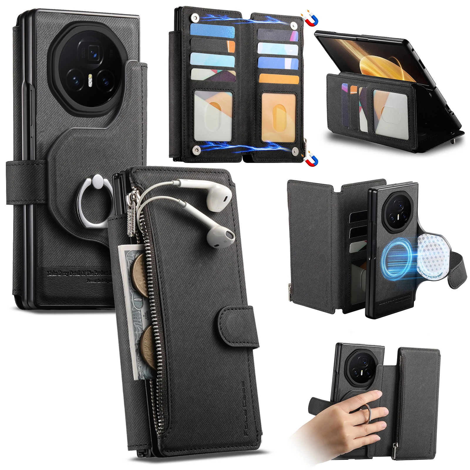 Etui na Honor Magic V3 5G 2 w 1 Magnetyczne Skórzane Bezprzewodowe Ładowanie Karty Kredytowe Uchwyt Pierścień Portfel Składane Odporne na Wstrząsy — zdjęcie produktu 4