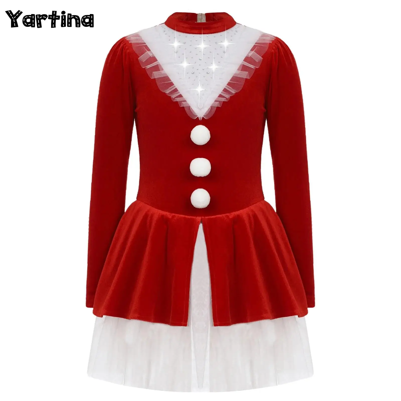 

Детский карнавальный костюм Санта-Клауса для девочек на Рождество, стразы, гимнастика, фигурное катание на коньках, балетная пачка, трико, платье эльфа