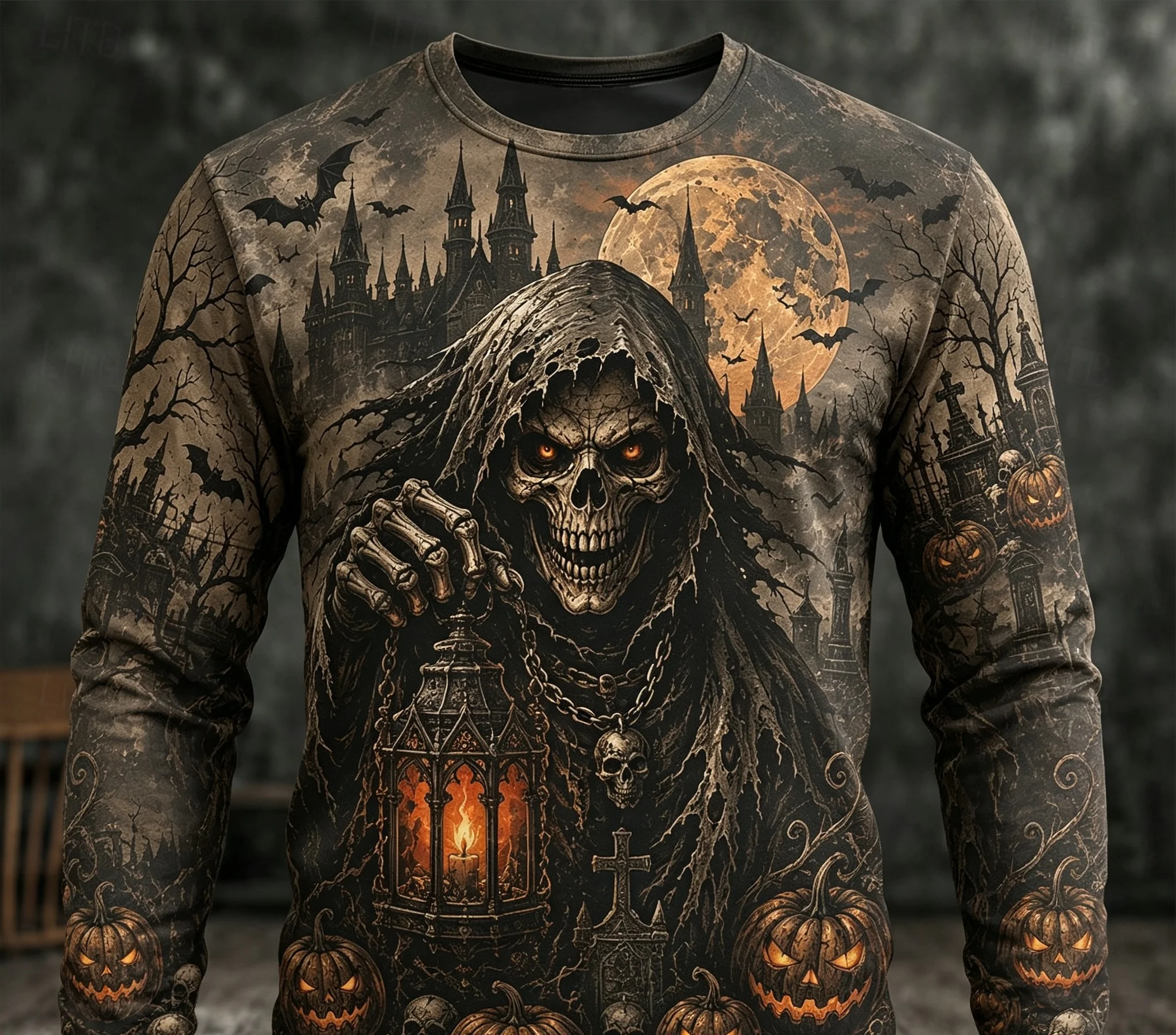 Herren Vintage Halloween Langarm-T-Shirt mit Sensenmann, Vogelscheuchen, Kürbis und Krähe Grafik, Rundhals Gothic Streetwear Oberteil – Detail 5