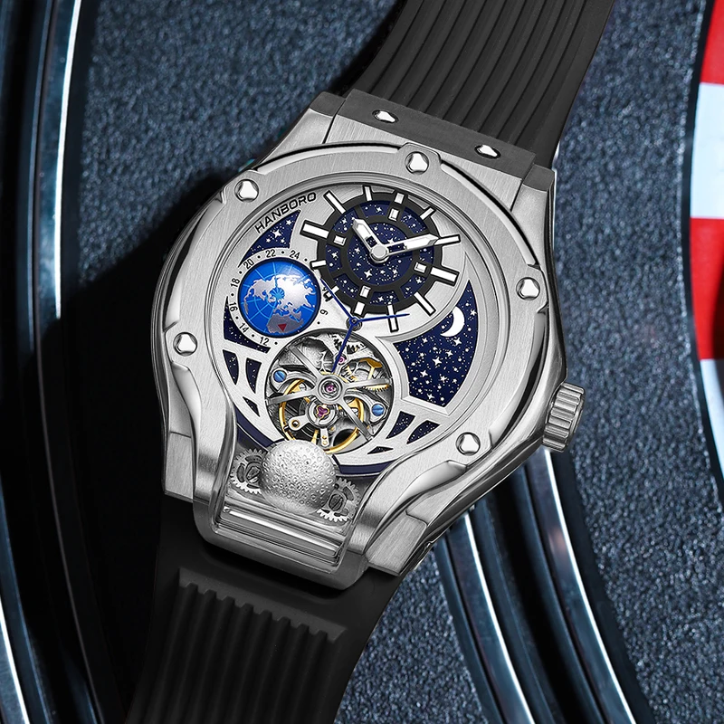 HANBORO Men Automatic Watch 44mm Mechanical Wristwatches Luminous Waterproof Skeleton Dial Rubber Strap Earth 24 Hours