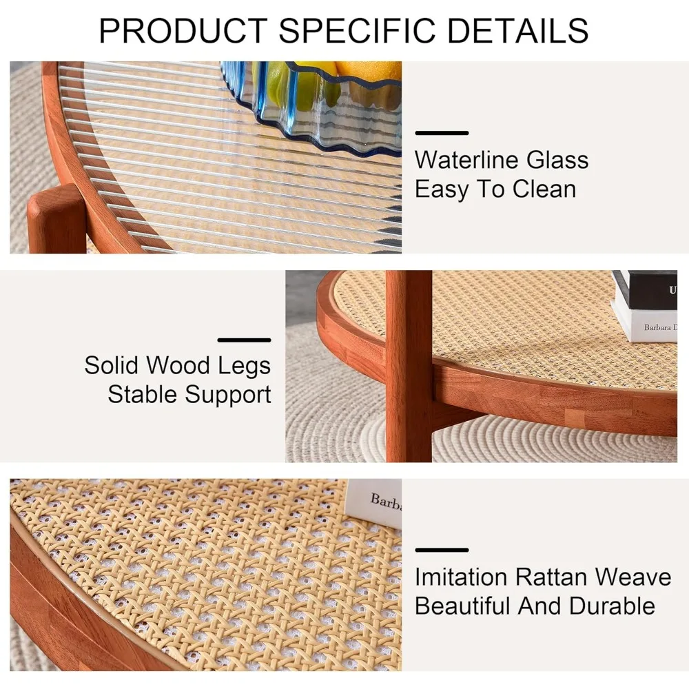 Modern Imitation Rattan Round Coffee Table Round 2-Tier Solid Wood Glass Table Top Sofa Side Tea Table for Living Room Bedroom