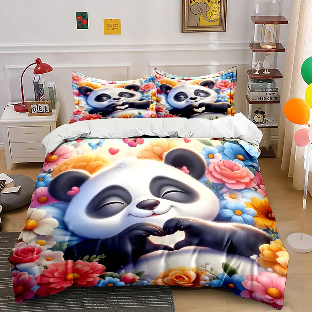 Smiling panda with colorful flowers Bedding Set for Kids Luxury Gift 3pc Digital Print Comforter Set Soft Comfortable Breathable