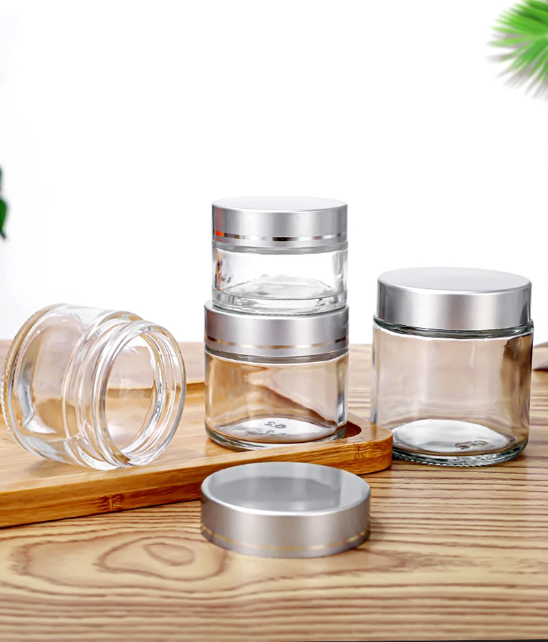 10pcs/lot Glass Cream Jar Bottle 5g 10g 20g 30g 100g Empty Container Cosmetic Jar With Silver Lid Nail Arts Small Clear Can Tin