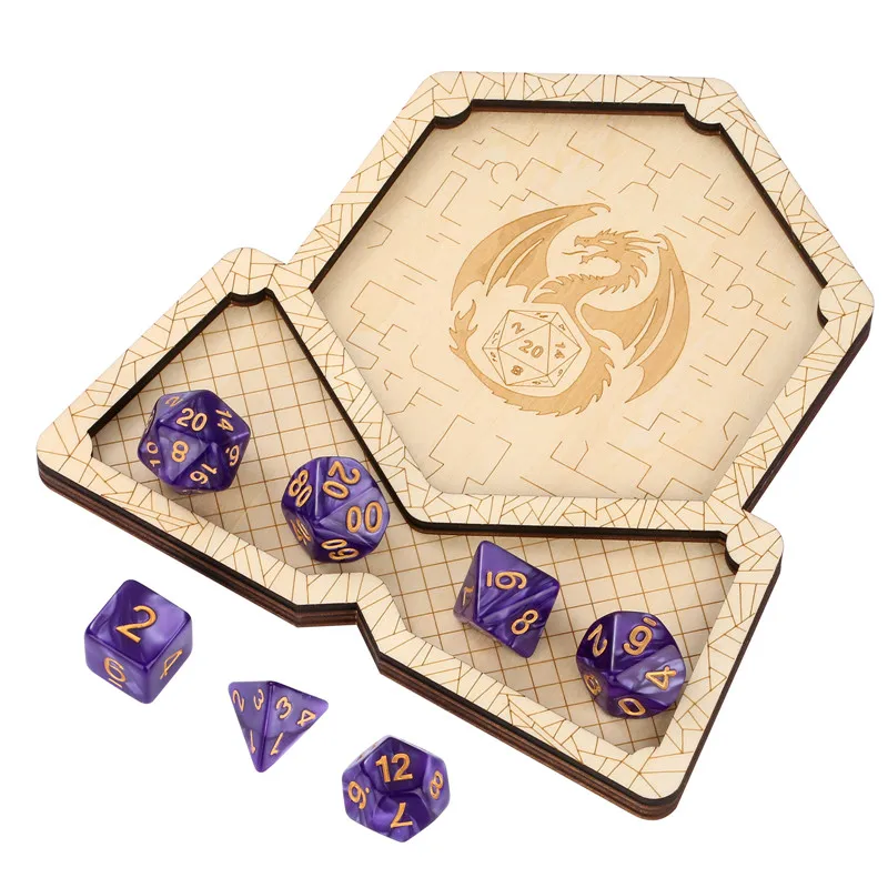 

Dragon Pattern Wooden Coaster with 7pcs/set Plastic Polyhedral Dice DND Accessories for Table Top Role Playing Games