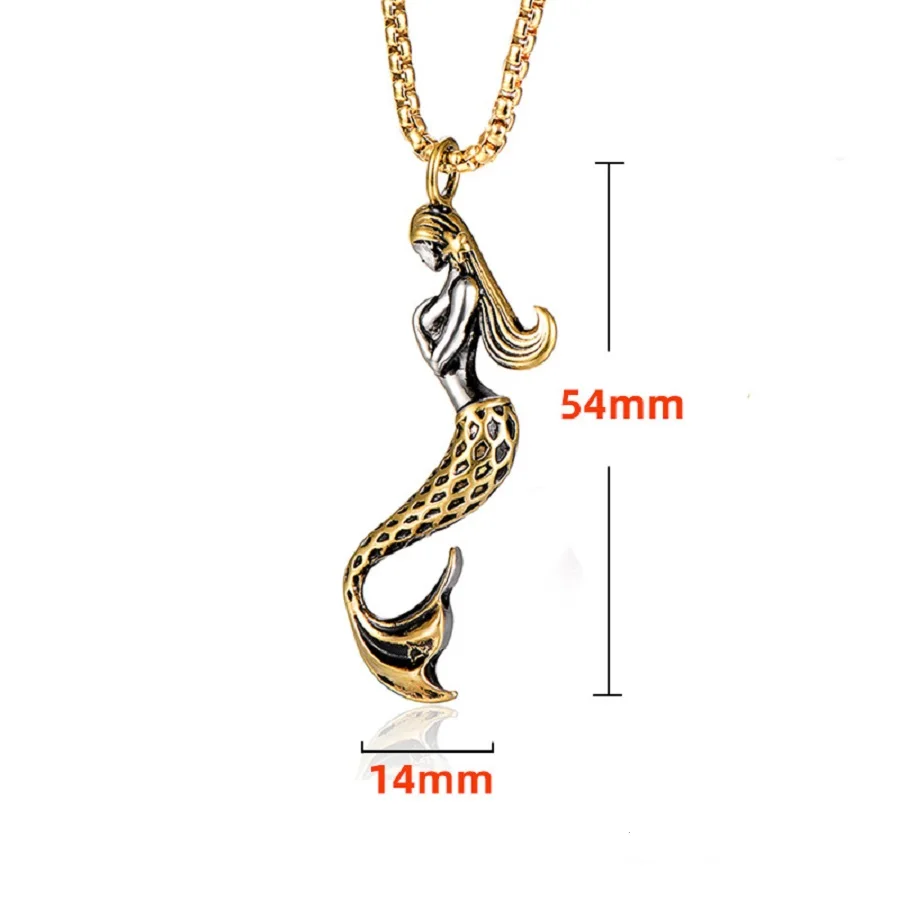 Megin D Stainless Steel Hip Hop Punk Titanium Mermaid Fish Pendant Collar Chain Necklace for Men Women Couple Gift Fashion Jewel