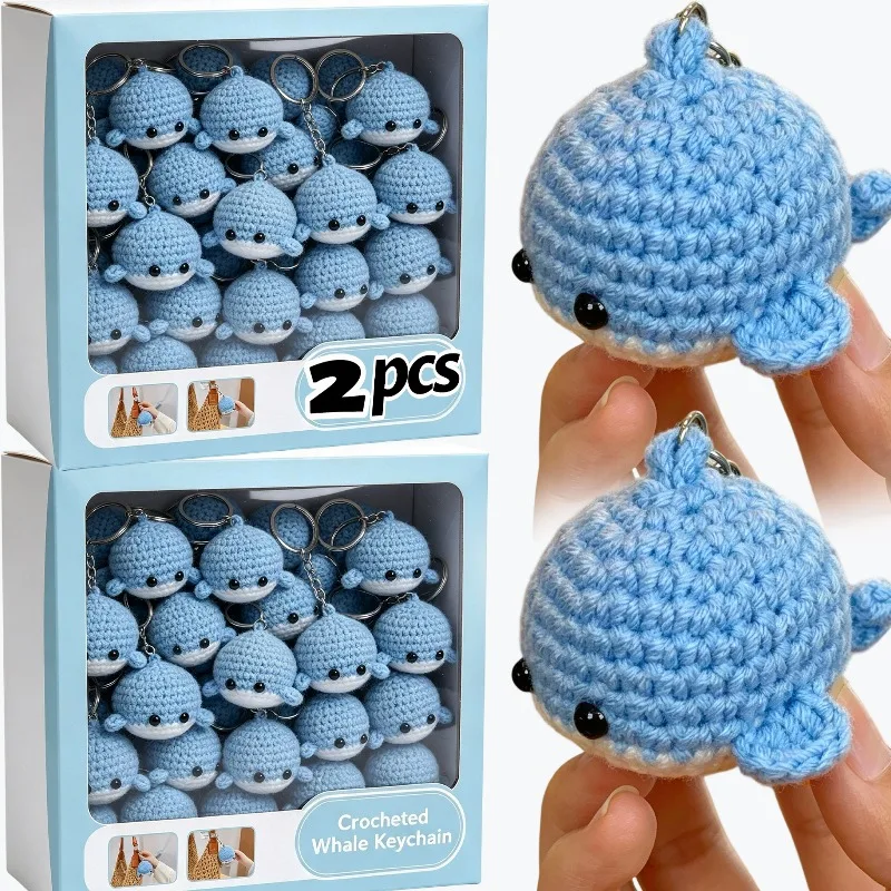 1/2Pcs Crocheted Little Whale Keychain Handmade Wool Making Cartoon Weaved Knitting Keyrings Backpack Pendants DIY Woollen Decor