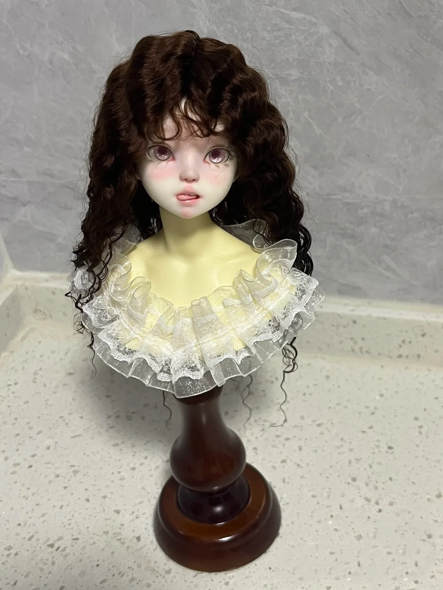 1/4 BJD doll hardhead shell mohair wig, deep brown retro curls