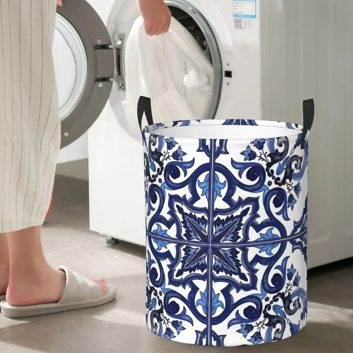 Blue Ornate Floral Mediterranean Sicilian Tile Folding Laundry Baskets Dirty Clothes Storage Basket Large Waterproof Box