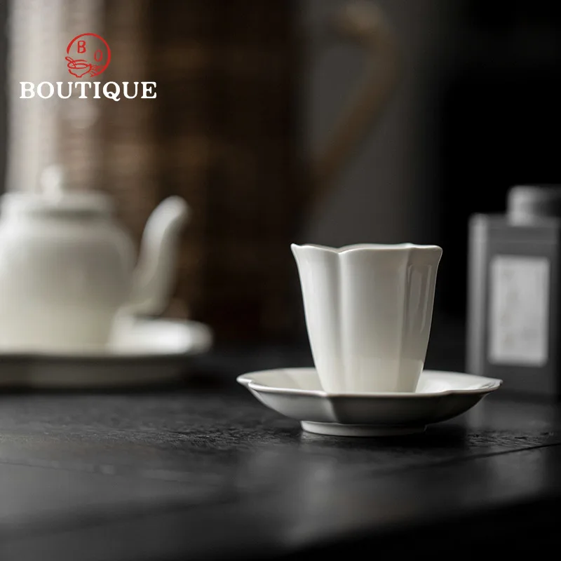 Grass Ash Handmade Petal Tea Cup Ceramic Cup For Tea Kung Fu Tea Set Tea Cups Home White Cup Small Master Smelling Unusual Cup