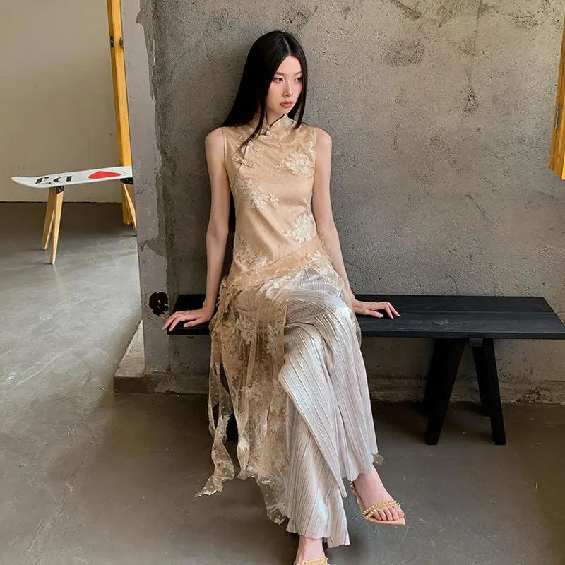 New Chinese Style Slit Irregular Cheongsam Dress Loose Pleated Wide-Leg Pants Long Pants Mesh Flower Embroidery Elegant Tops