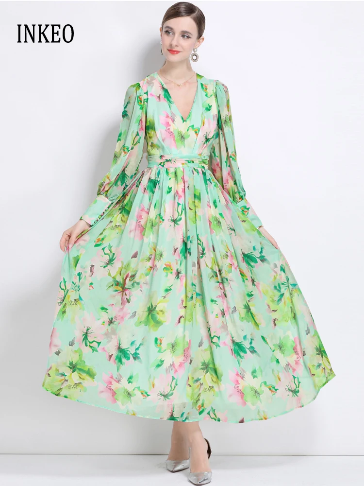 Strand Bloemenprint Maxi Jurk Dames 2025 Nieuwe Elegante V-hals Lange Mouwen Jurken Vouw Hoge Kwaliteit Vestidos INKEO 5D217