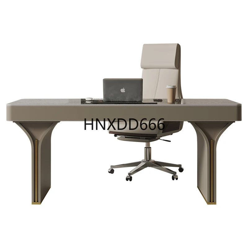 

Solid wood desk light luxury modern saddle leather high-end rock slab desk