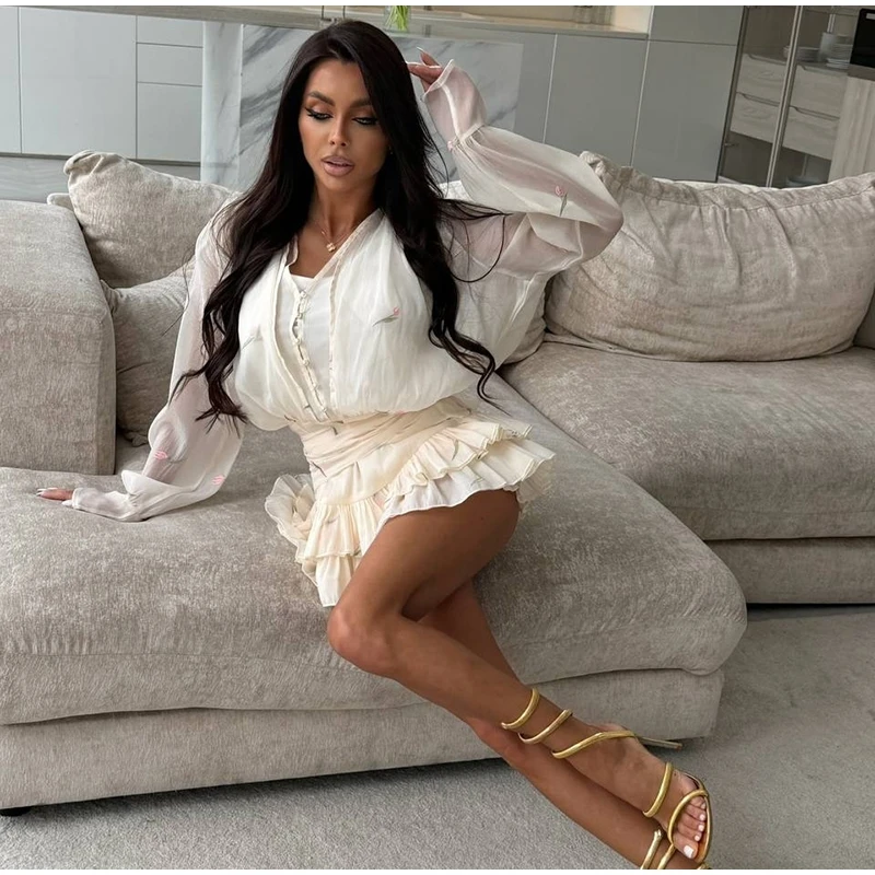 2026 Spring Summer Floral Embroidered Chiffon Wrap Tie Waist Ruffle Mini Dress Sheer V-Neck Romantic Feminine Women Date Vestido