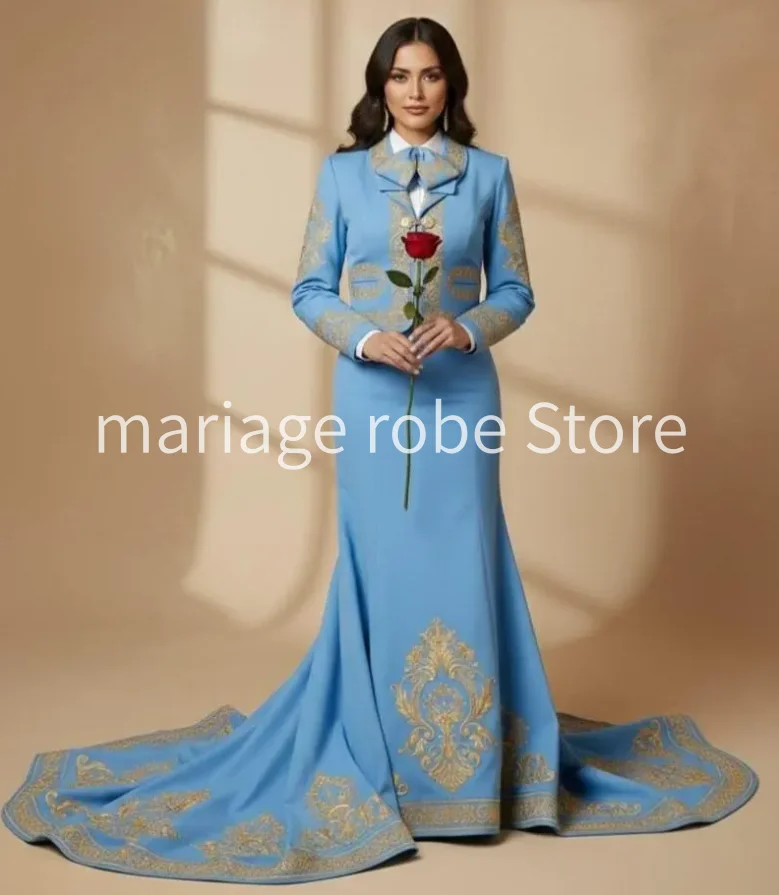 Vestidos de fiesta de graduación y disfraces de Halloween a medida, traje de mariachi azul cielo personalizado, vestido de noche mexicano con bordado dorado para boda