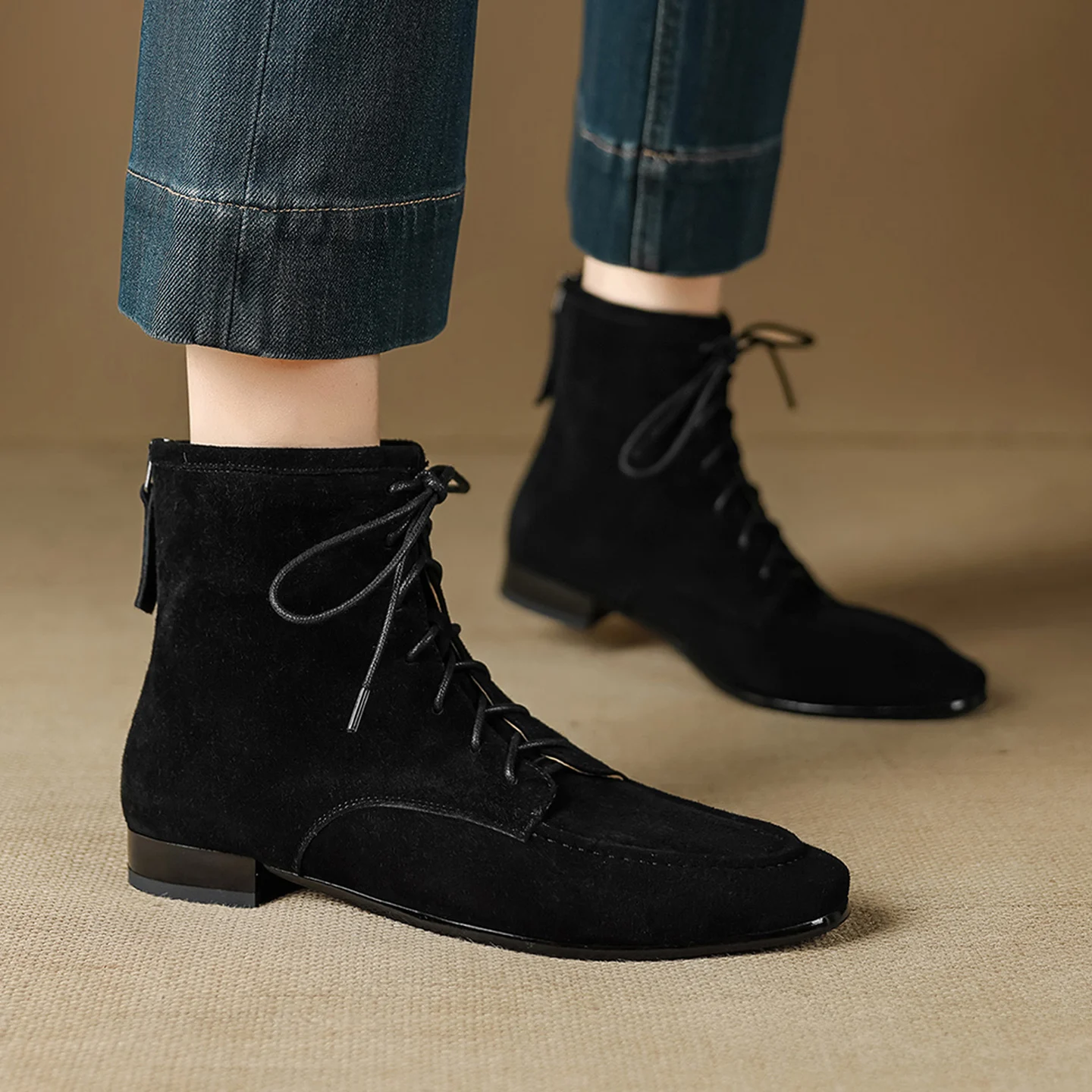 2026 new autumn winter women ankle boots natural leather plus size 22-25cm kid suede round toe back zip short boots fashion