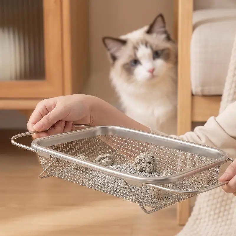 Edelstahl-Katzenstreuschaufel mit ergonomischem Griff und breitem Sieb zur Entfernung von Katzenstreu, Haustierbedarf – Detail 5