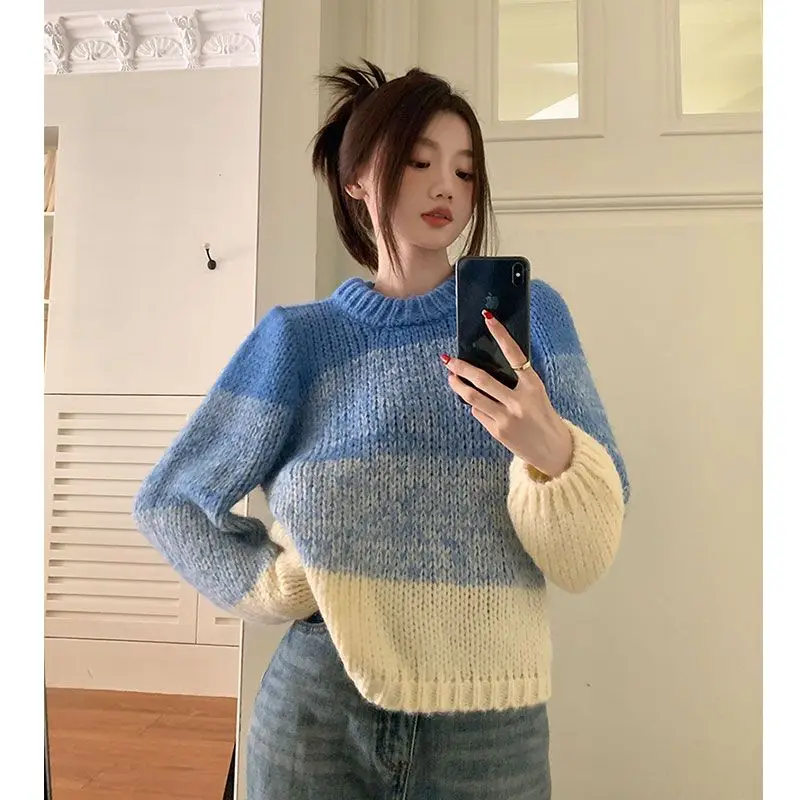 French Fashion Contrast Color Pullover Sweater Women's Autumn Winter New Gentle Retro Soft Glutinous Lazy Style Knitted Top