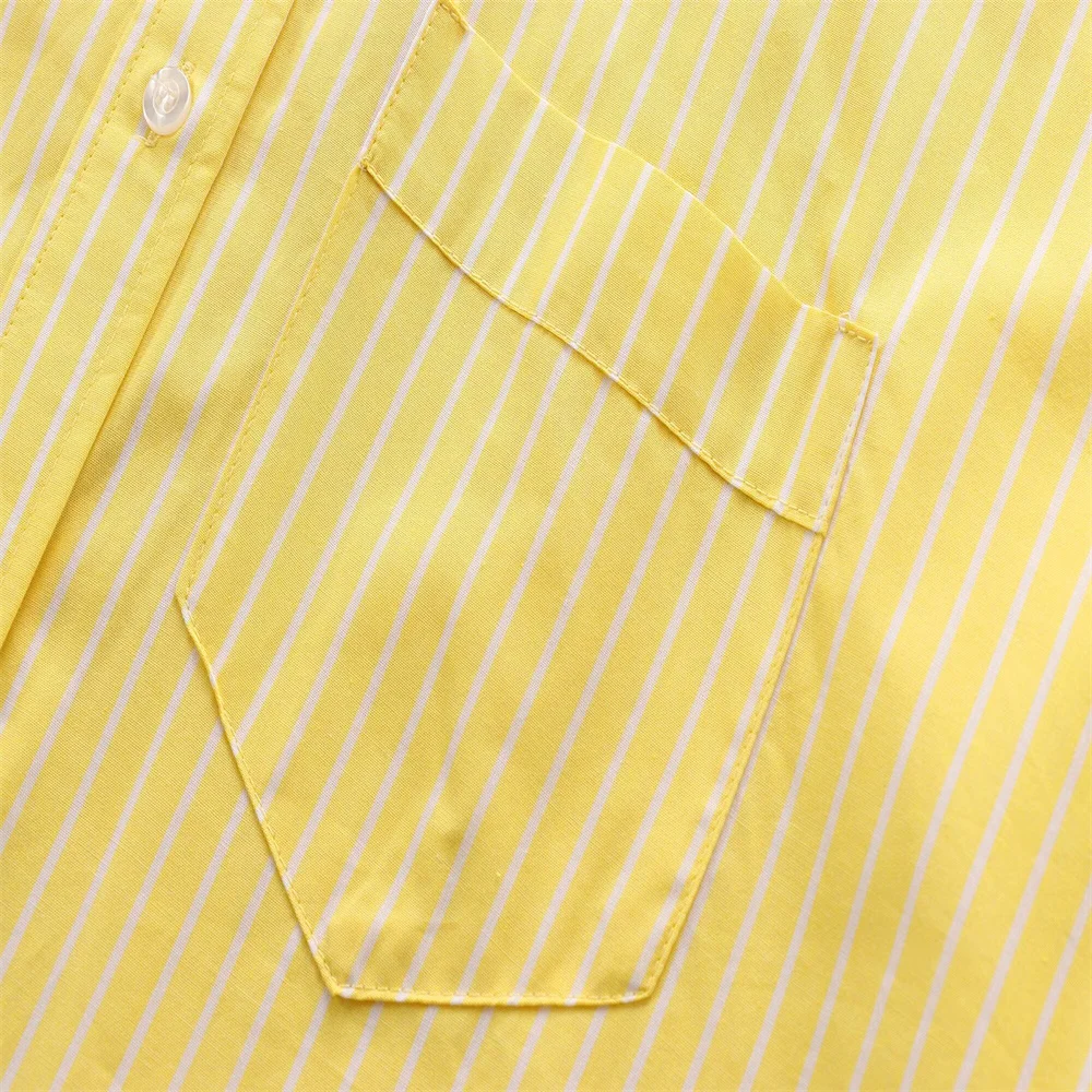 2024ZAR Summer New Product Women\'s casual loose collar long sleeved yellow striped single breasted shirt